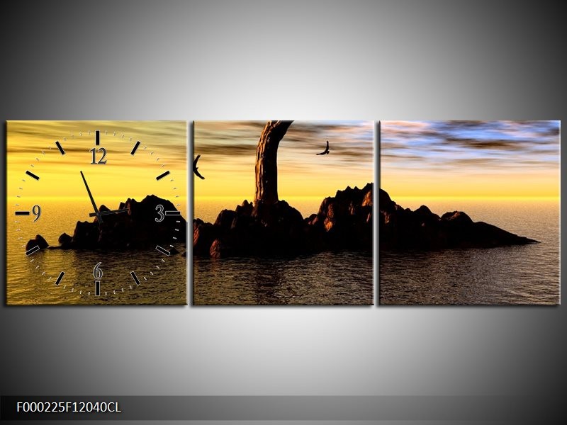 Klok schilderij Boom | Geel, Zwart, Bruin | 120x40cm 3Luik