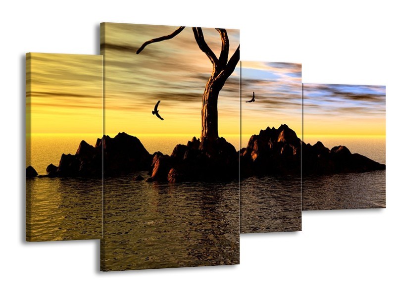 Canvas schilderij Boom | Geel, Zwart, Bruin | 120x75cm 4Luik