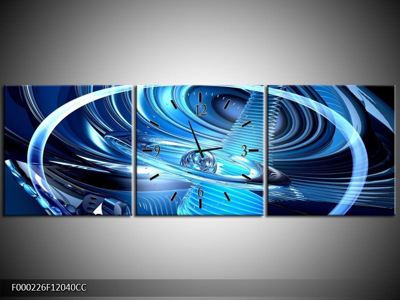 Klok schilderij Abstract | Blauw, Wit, Zwart | 120x40cm 3Luik