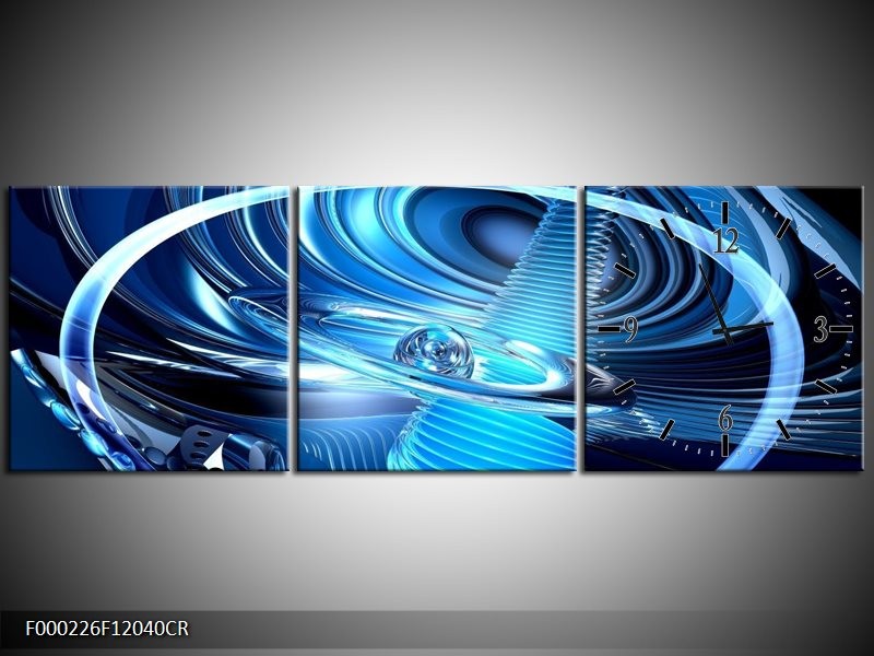 Klok schilderij Abstract | Blauw, Wit, Zwart | 120x40cm 3Luik