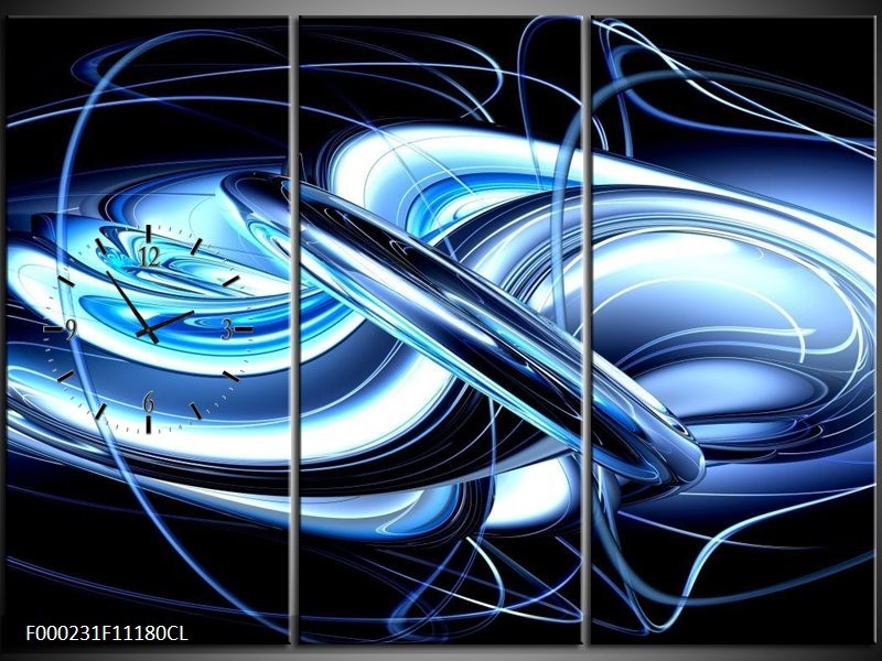 Klok schilderij Abstract | Blauw, Wit, Zwart | 111x80cm 3Luik