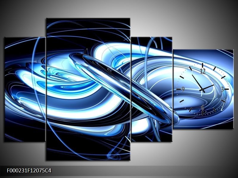 Klok schilderij Abstract | Blauw, Wit, Zwart | 120x75cm 4Luik
