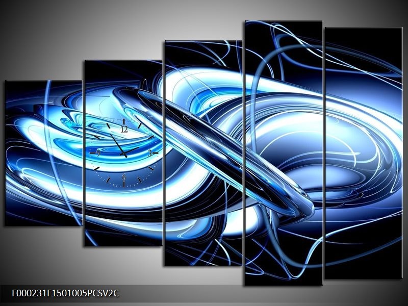 Klok schilderij Abstract | Blauw, Wit, Zwart | 150x100cm 5Luik