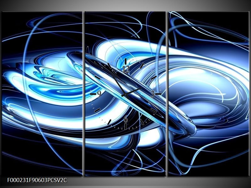 Klok schilderij Abstract | Blauw, Wit, Zwart | 90x60cm 3Luik