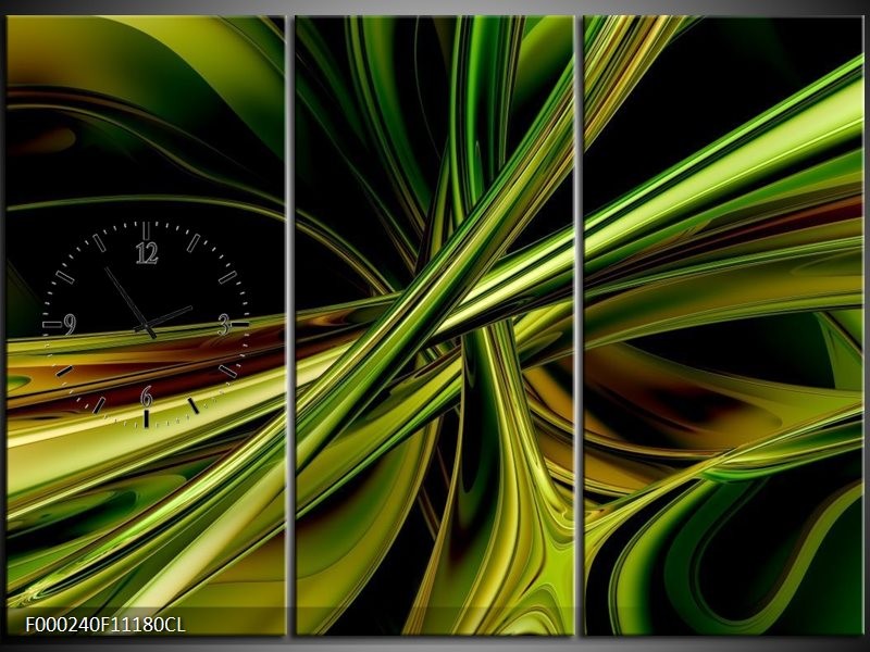 Klok schilderij Abstract | Groen, Zwart, Geel | 111x80cm 3Luik