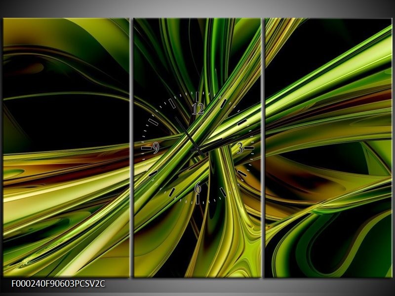 Klok schilderij Abstract | Groen, Zwart, Geel | 90x60cm 3Luik