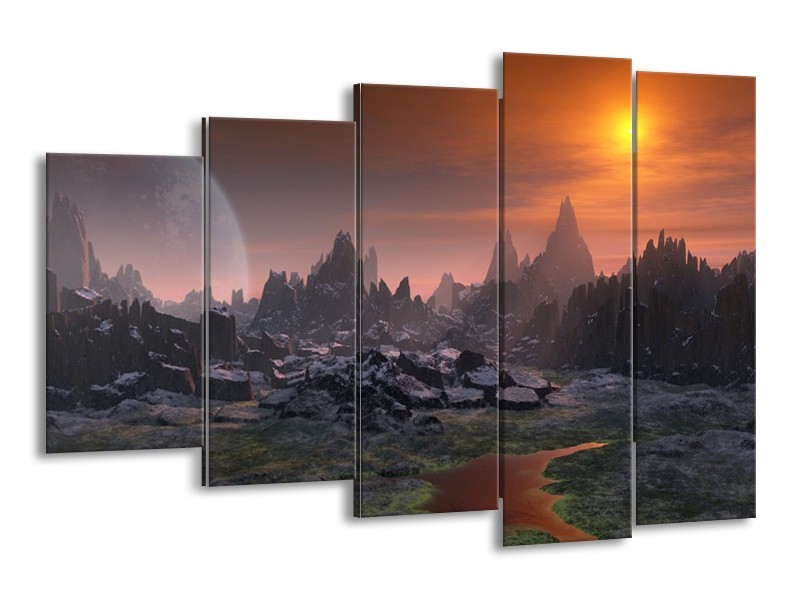 Canvas schilderij Bergen | Grijs, Geel, Zwart | 150x100cm 5Luik