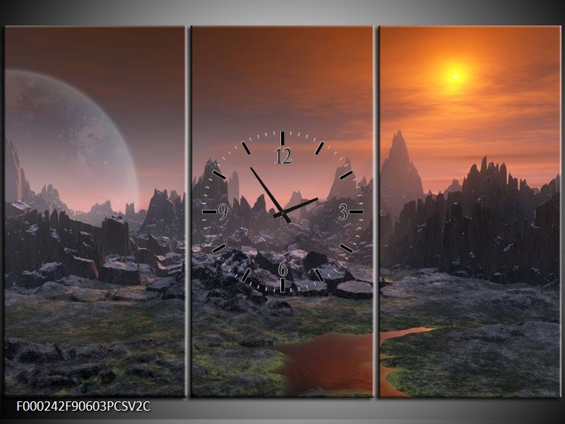 Klok schilderij Bergen | Grijs, Geel, Zwart | 90x60cm 3Luik