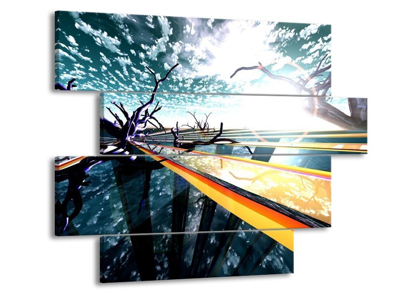 Glas schilderij Abstract | Geel, Blauw, Zwart | 115x85cm 4Luik