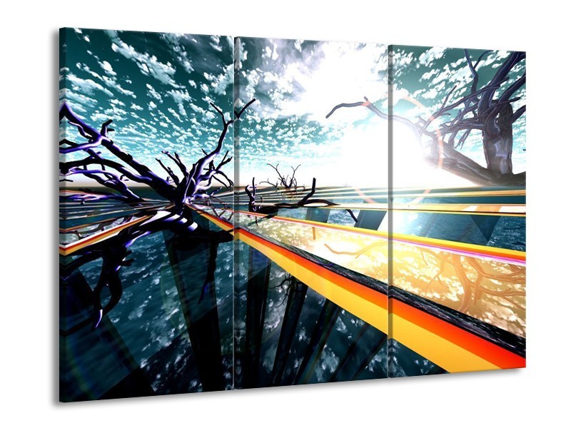 Glas schilderij Abstract | Geel, Blauw, Zwart | 90x60cm 3Luik