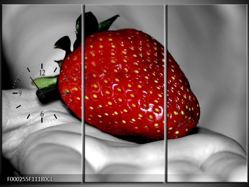 Klok schilderij aardbei | Rood, Grijs, Groen | 111x80cm 3Luik