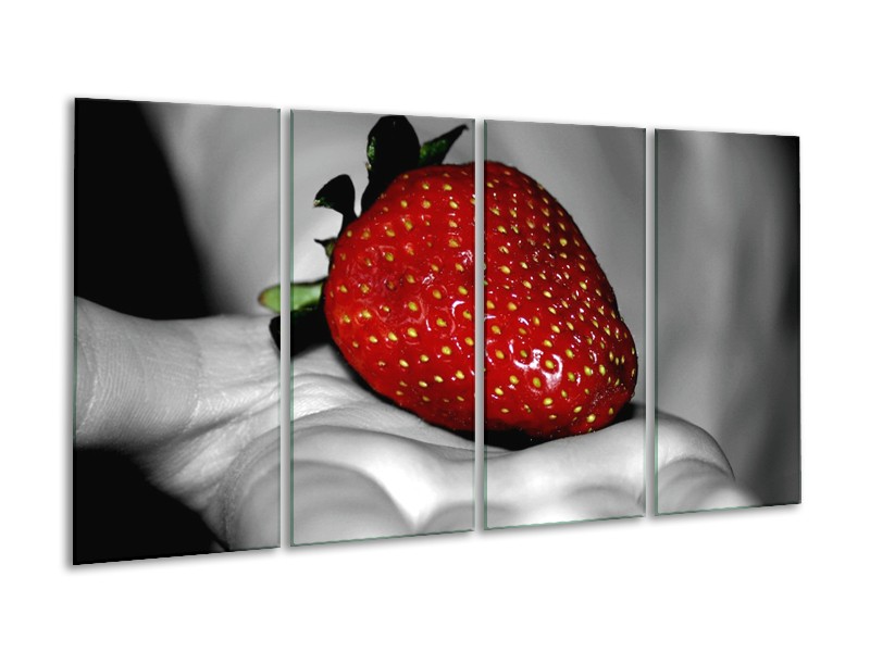 Canvas schilderij aardbei | Rood, Grijs, Groen | 160x80cm 4Luik