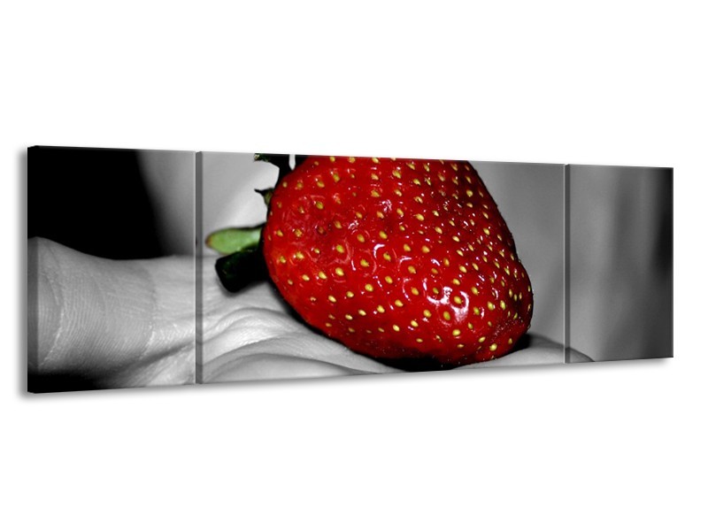 Canvas schilderij aardbei | Rood, Grijs, Groen | 170x50cm 3Luik