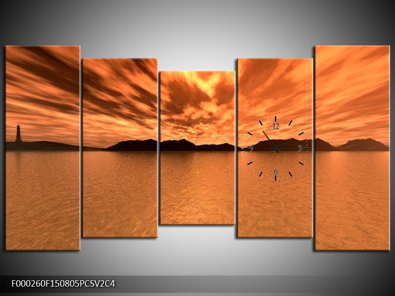 Klok schilderij Zonsondergang | Bruin, Oranje, Geel | 150x80cm 5Luik