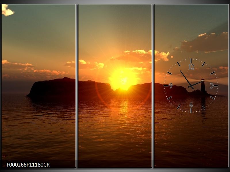 Klok schilderij Zonsondergang | Geel, Bruin, Zwart | 111x80cm 3Luik