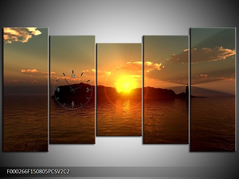 Klok schilderij Zonsondergang | Geel, Bruin, Zwart | 150x80cm 5Luik