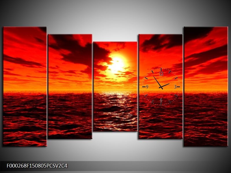 Klok schilderij Zee | Rood, Geel, Oranje | 150x80cm 5Luik