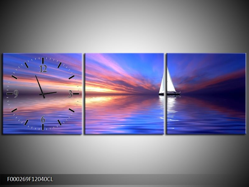 Klok schilderij Boot | Blauw, Wit, Paars | 120x40cm 3Luik