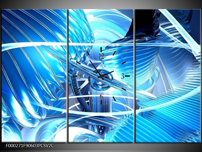 Klok schilderij Abstract | Blauw, Wit, Grijs | 90x60cm 3Luik