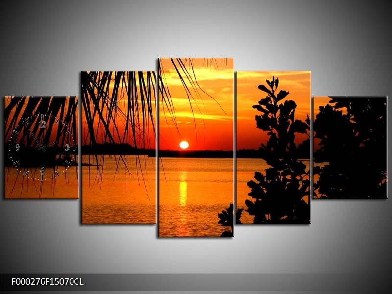 Klok schilderij Zonsondergang | Oranje, Geel, Bruin | 150x70cm 5Luik
