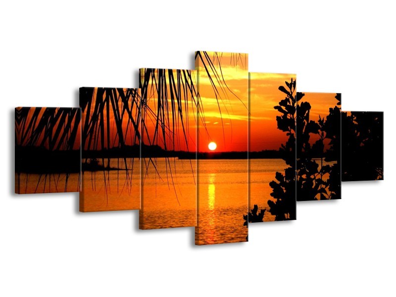 Canvas schilderij Zonsondergang | Oranje, Geel, Bruin | 210x100cm 7Luik