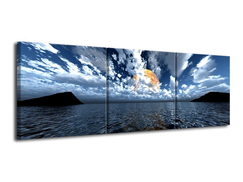 Canvas schilderij Zee | Blauw, Wit, Grijs | 120x40cm 3Luik