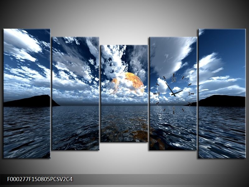 Klok schilderij Zee | Blauw, Wit, Grijs | 150x80cm 5Luik