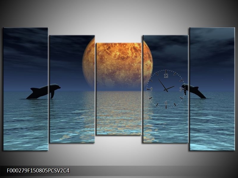 Klok schilderij Maan | Geel, Blauw, Zwart | 150x80cm 5Luik