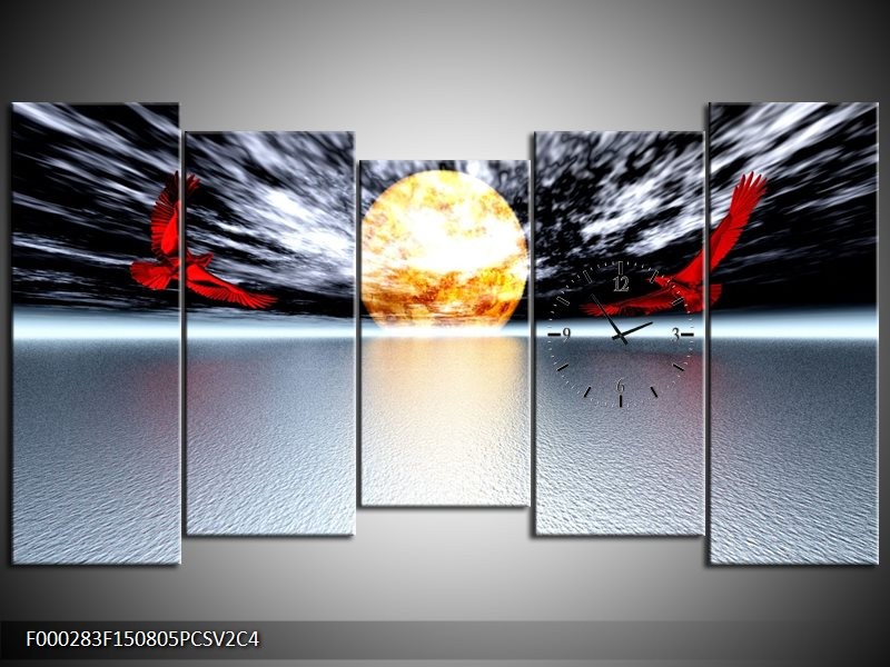 Klok schilderij Maan | Grijs, Rood, Geel | 150x80cm 5Luik