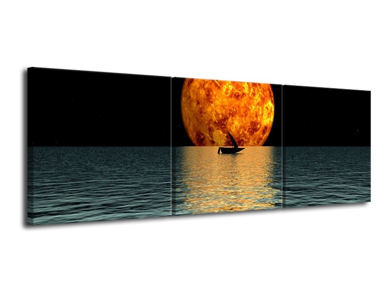 Glas schilderij Maan | Oranje, Blauw, Zwart | 120x40cm 3Luik
