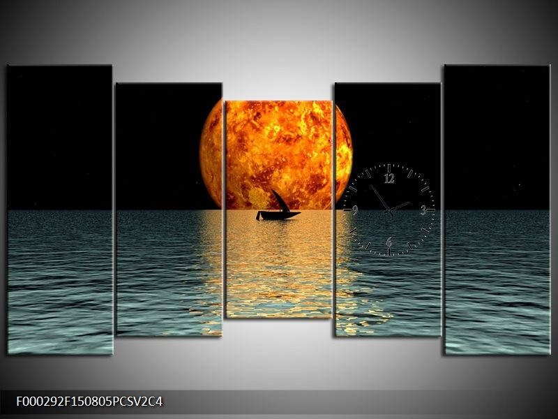 Klok schilderij Maan | Oranje, Blauw, Zwart | 150x80cm 5Luik