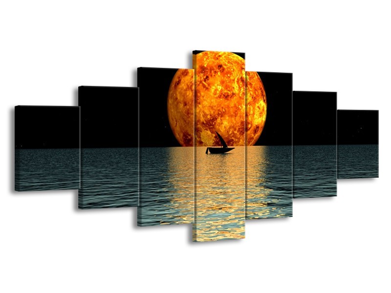 Glas schilderij Maan | Oranje, Blauw, Zwart | 210x100cm 7Luik