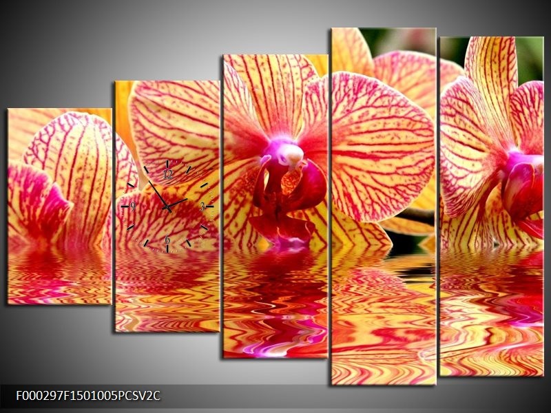 Klok schilderij Orchidee | Geel, Rood, Wit | 150x100cm 5Luik