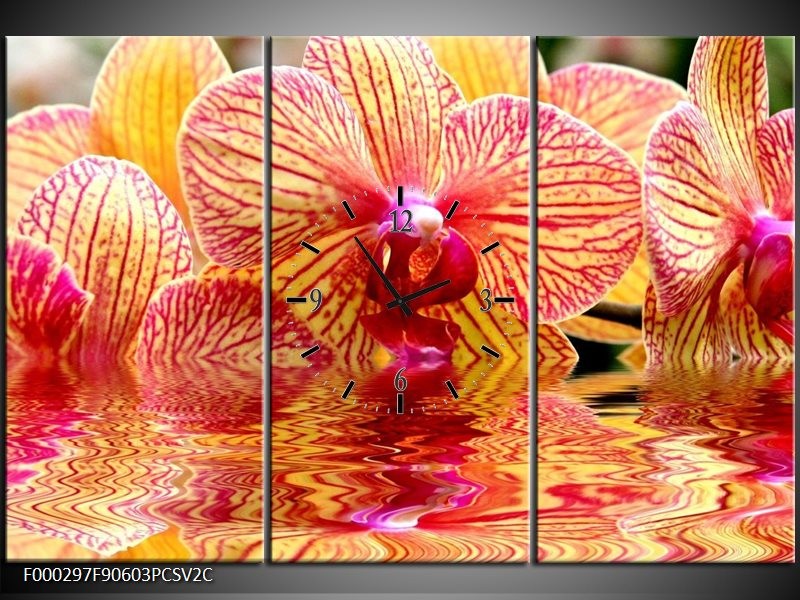Klok schilderij Orchidee | Geel, Rood, Wit | 90x60cm 3Luik