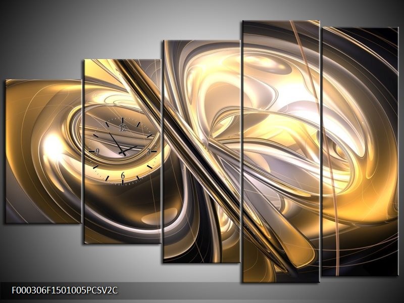 Klok schilderij Abstract | Goud, Zilver, Geel | 150x100cm 5Luik