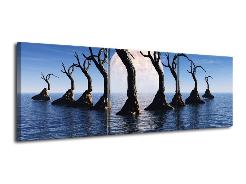 Canvas schilderij Bomen | Blauw, Wit, Grijs | 120x40cm 3Luik