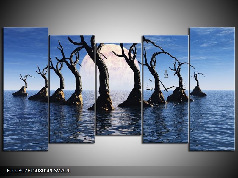 Klok schilderij Bomen | Blauw, Wit, Grijs | 150x80cm 5Luik