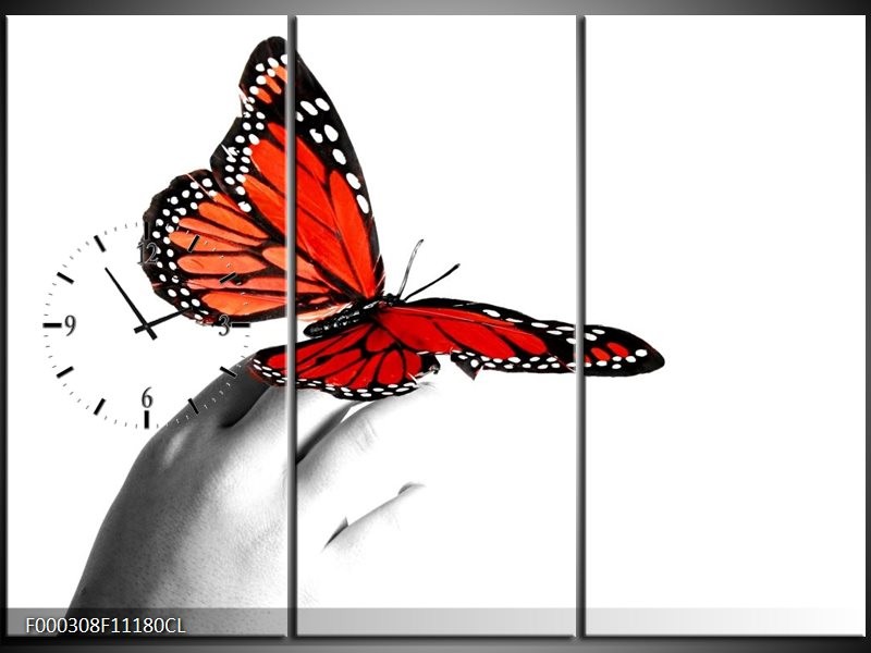 Klok schilderij Vlinder | Rood, Wit, Zwart | 111x80cm 3Luik