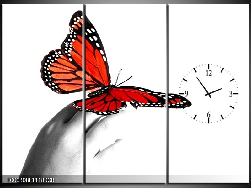 Klok schilderij Vlinder | Rood, Wit, Zwart | 111x80cm 3Luik