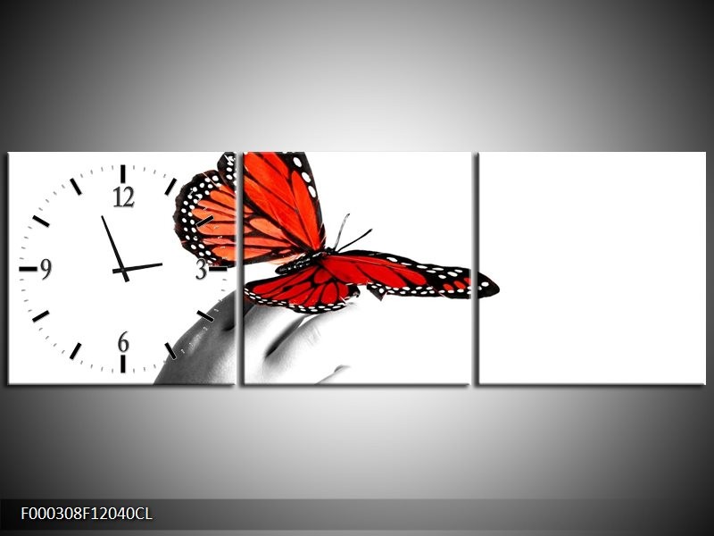 Klok schilderij Vlinder | Rood, Wit, Zwart | 120x40cm 3Luik