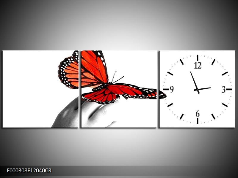Klok schilderij Vlinder | Rood, Wit, Zwart | 120x40cm 3Luik