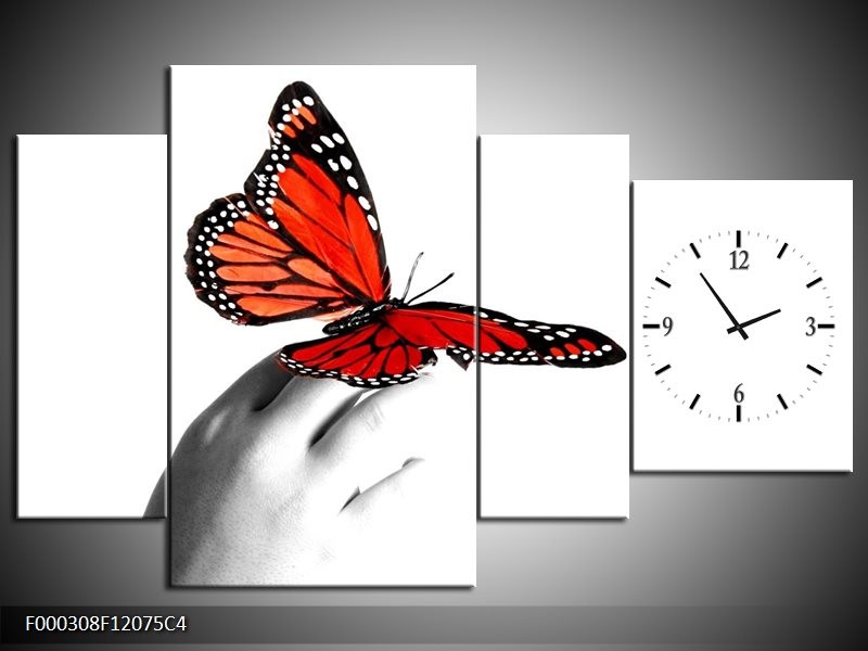 Klok schilderij Vlinder | Rood, Wit, Zwart | 120x75cm 4Luik
