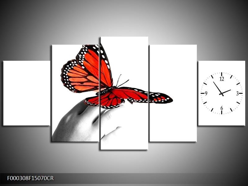 Klok schilderij Vlinder | Rood, Wit, Zwart | 150x70cm 5Luik