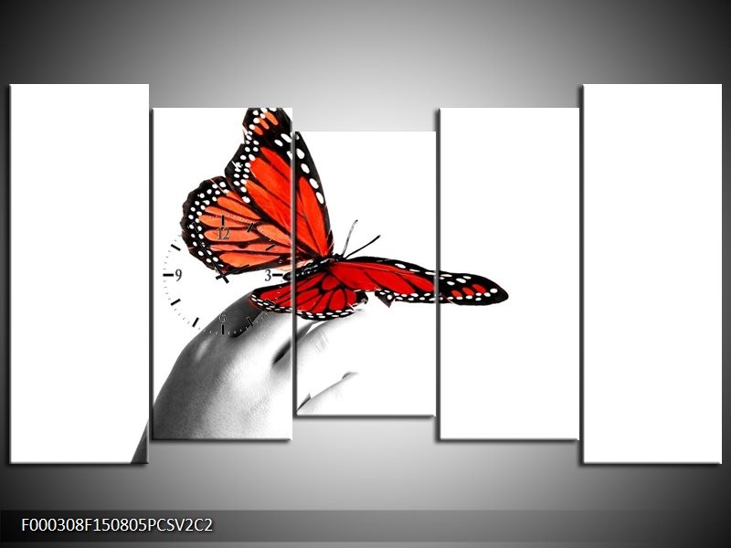 Klok schilderij Vlinder | Rood, Wit, Zwart | 150x80cm 5Luik