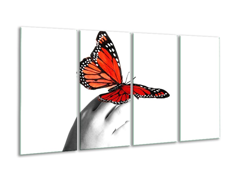 Canvas schilderij Vlinder | Rood, Wit, Zwart | 160x80cm 4Luik