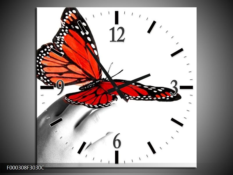Klok schilderij Vlinder | Rood, Wit, Zwart | 30x30cm 1Luik
