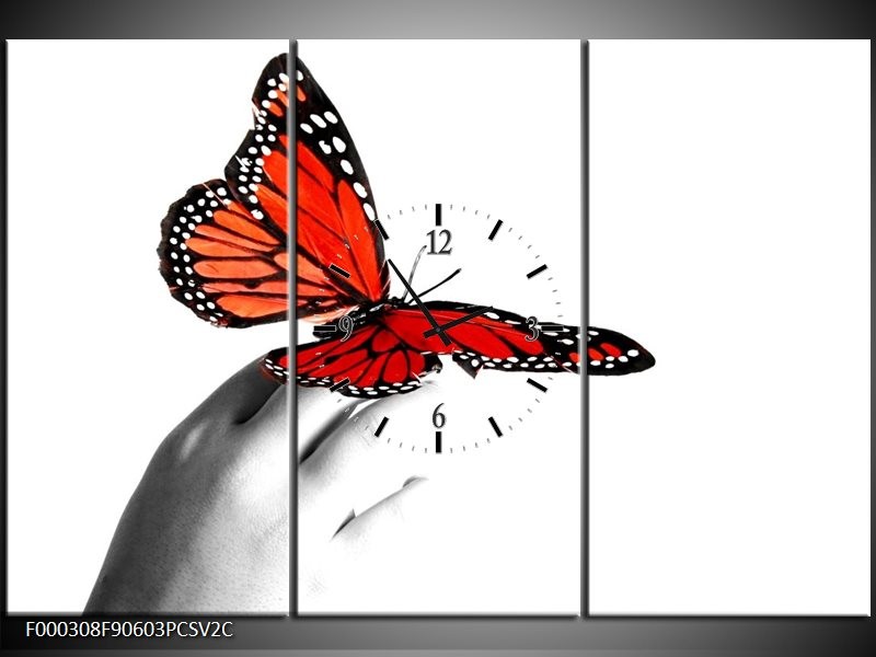 Klok schilderij Vlinder | Rood, Wit, Zwart | 90x60cm 3Luik
