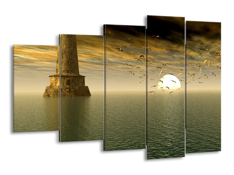 Canvas schilderij Zonsondergang | Grijs, Geel, Wit | 150x100cm 5Luik