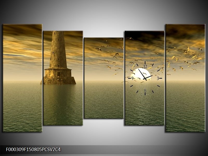 Klok schilderij Zonsondergang | Grijs, Geel, Wit | 150x80cm 5Luik