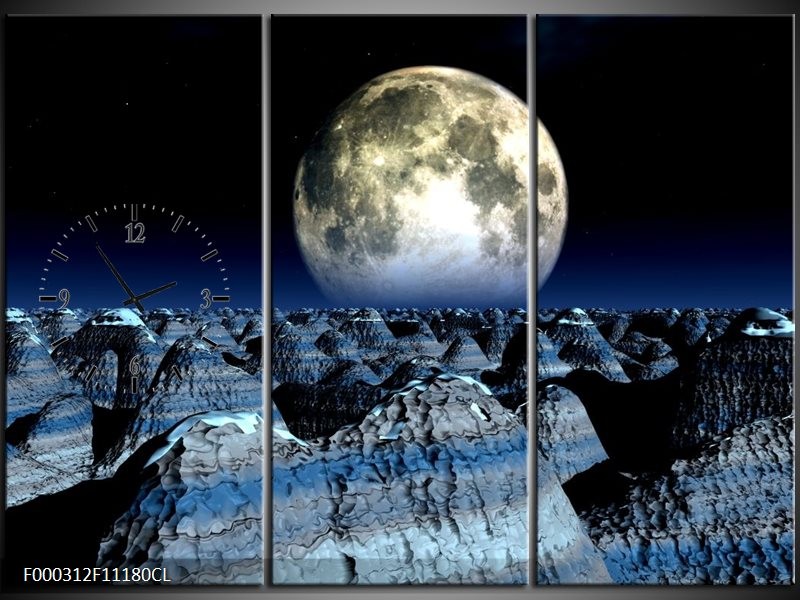 Klok schilderij Maan | Blauw, Grijs, Wit | 111x80cm 3Luik